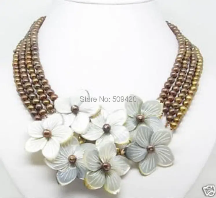 

Free Shipping >>>4 Rows 6-7mm Chocolate pearl MOP flower Shell necklace