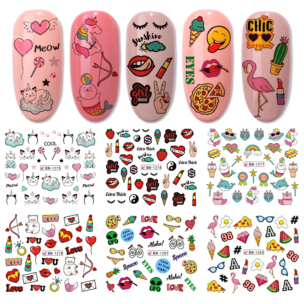 

12pcs Nails Sticker Art Sexy Lips Summer Beach Polish Wraps Pizza Lipsticks Ice Cream Adhesive Watermark Manicure BEBN1273-1284