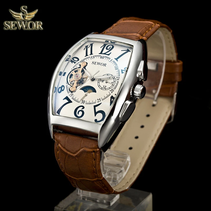 Tanie SEWOR Top luksusowa marka moda typ beczki skórzany pasek zegarka mężczyzna automatyczny zegarek mechaniczny zegarki sportowe darmowa wysyłka