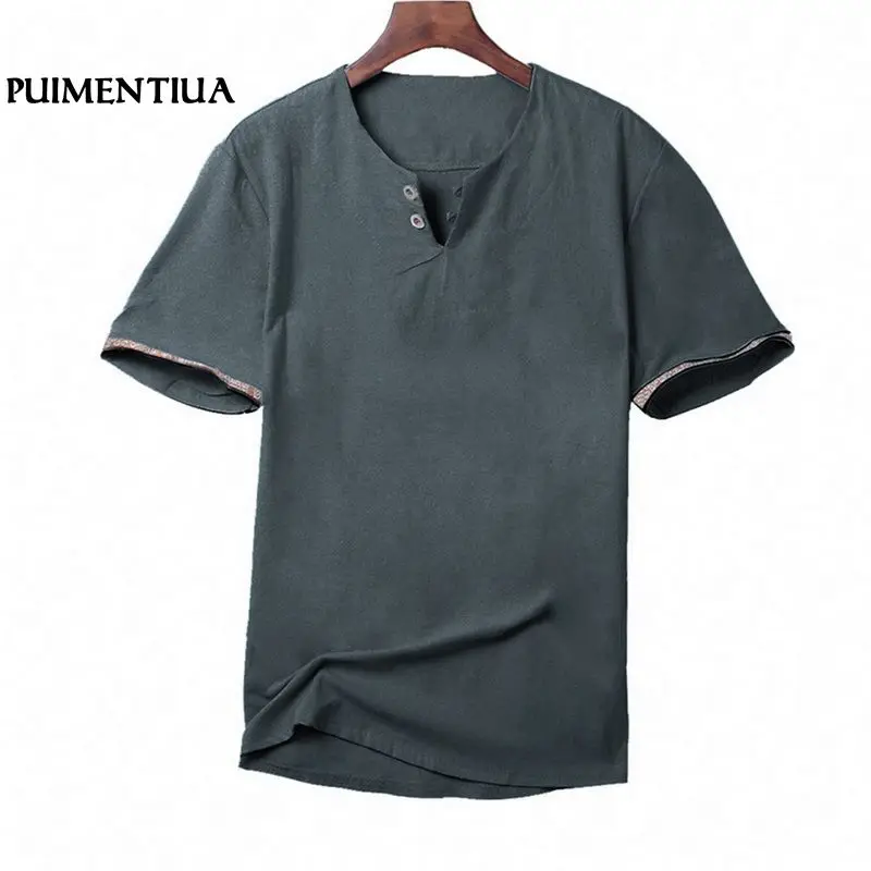 

Puimentiua 2019 Summer Fashion Men's T-Shirt Casual Solid Short Sleeve V-Neck Men T-Shirts Male Vintage Cotton Linen Clothing