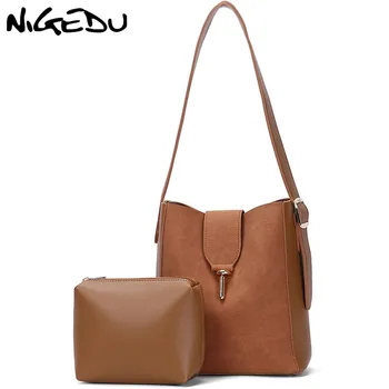 

NIGEDU Matte leather Women Bucket Shoulder bag female Handbag Large Capacity Designer lady messenger bags Casual big Totes Brown