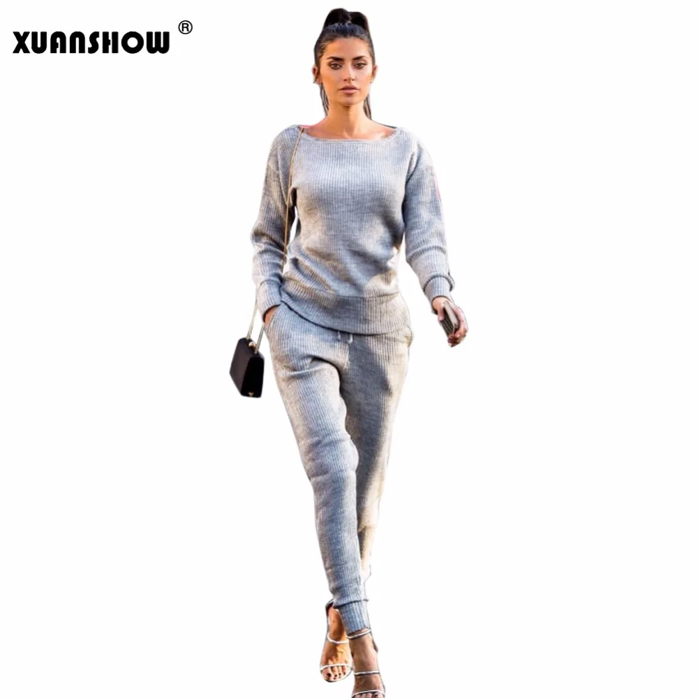 

XUANSHOW Women 2 Piece Set Spring Autumn Ottoman Fabric Stripe Solid Long Pant Suit Ladies Trousers Sets