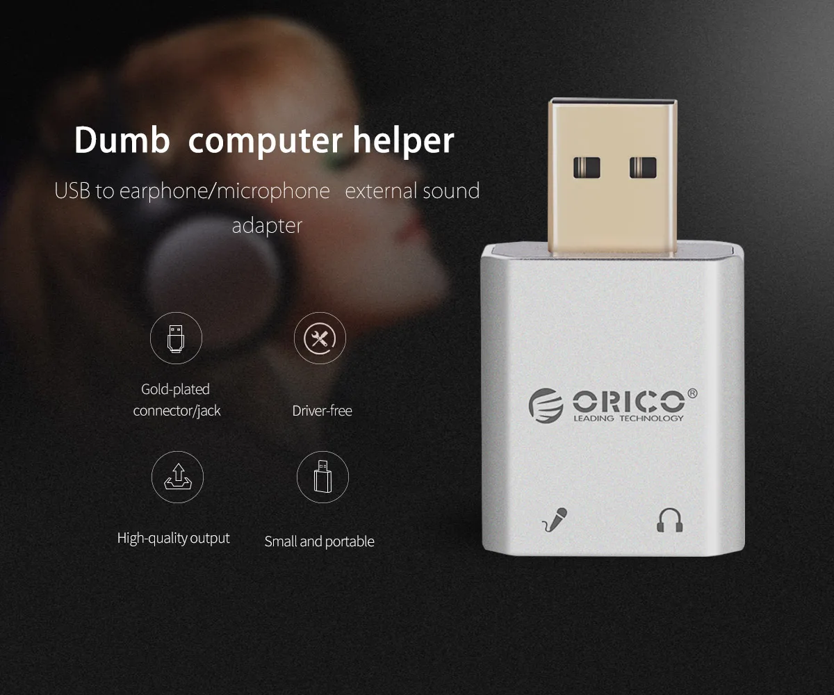 ORICO, внешняя USB звуковая карта, стерео микрофон, динамик, гарнитура, аудио разъем, 3,5 мм, кабель, адаптер, отключение звука, регулировка громкости, свободный привод