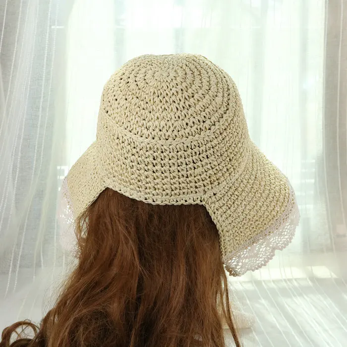 2018 Donne di Estate Pieghevole Crochet Cappello di Paglia Scava Fuori Fasce Cappelli Irregolare Largo Della Spiaggia del Bordo Del Merletto Coda di Cavallo Caps