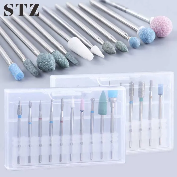 

STZ 10pc Nail Drill Bits Ceramic Diamond Burr Manicure Cutters Brush With Storage Box Cuticle Polish Remover Nails Tools HZ01-04