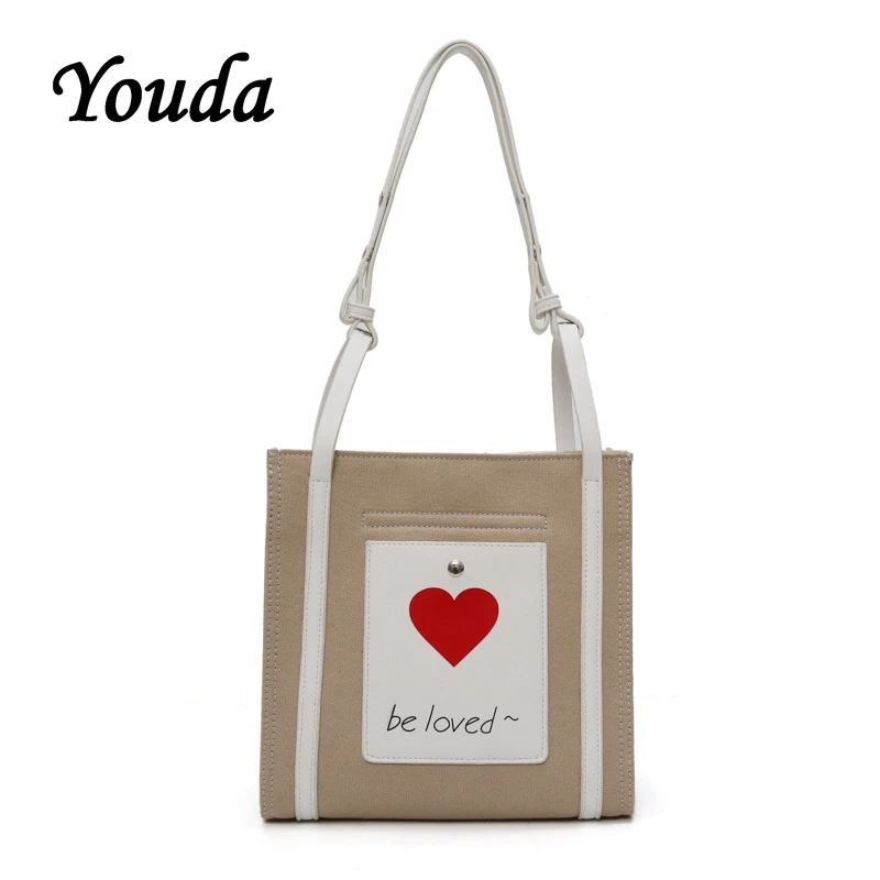 

Youda Korean Version of Love Canvas Handbag Large Capacity Tote Summer Casual Simple Shoulder Bag Messenger Shopping Bags
