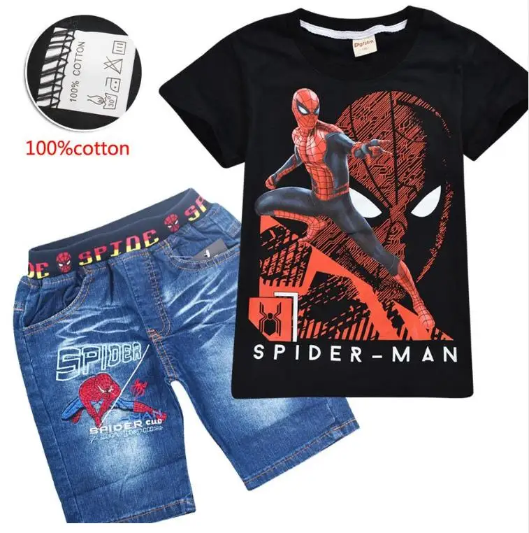 

Boys Summer Children Clothing Cartoon Spider-Man Shorts Denim Pants Sport Suit Baby Kids Short Sleeve T Shirt Jeans Clothes Sets