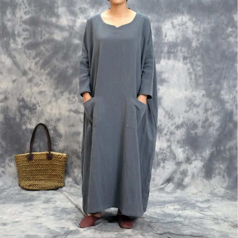 

2018 Oversize Big Size linen dress long sleeve gray khaki color Autumn long simple spring Fall paragraph women long Robe dress