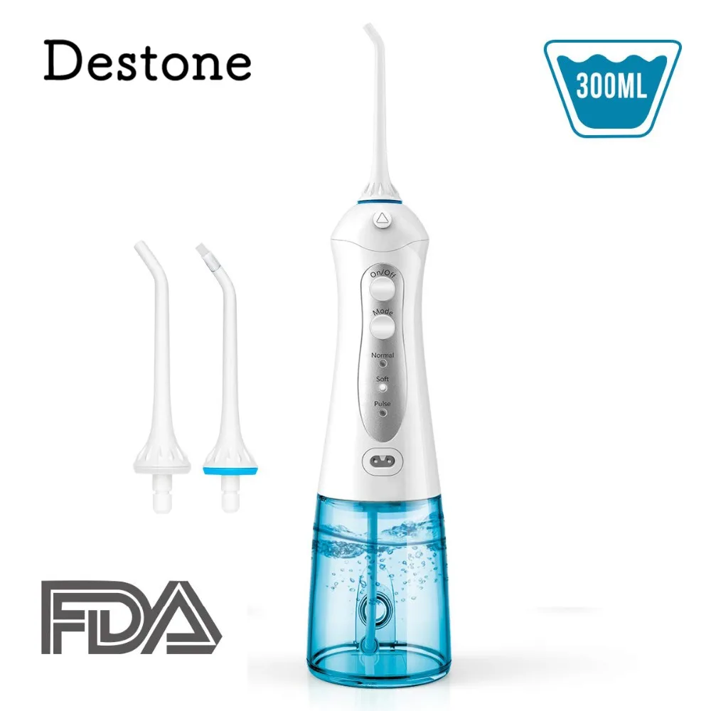 Ирригатор для полости рта Destone T20 Портативный переносной водный Flosser FDA Принято 300 мл IPX7 3-Mode с 2 струйными наконечниками Иригатордля для чистки зубов