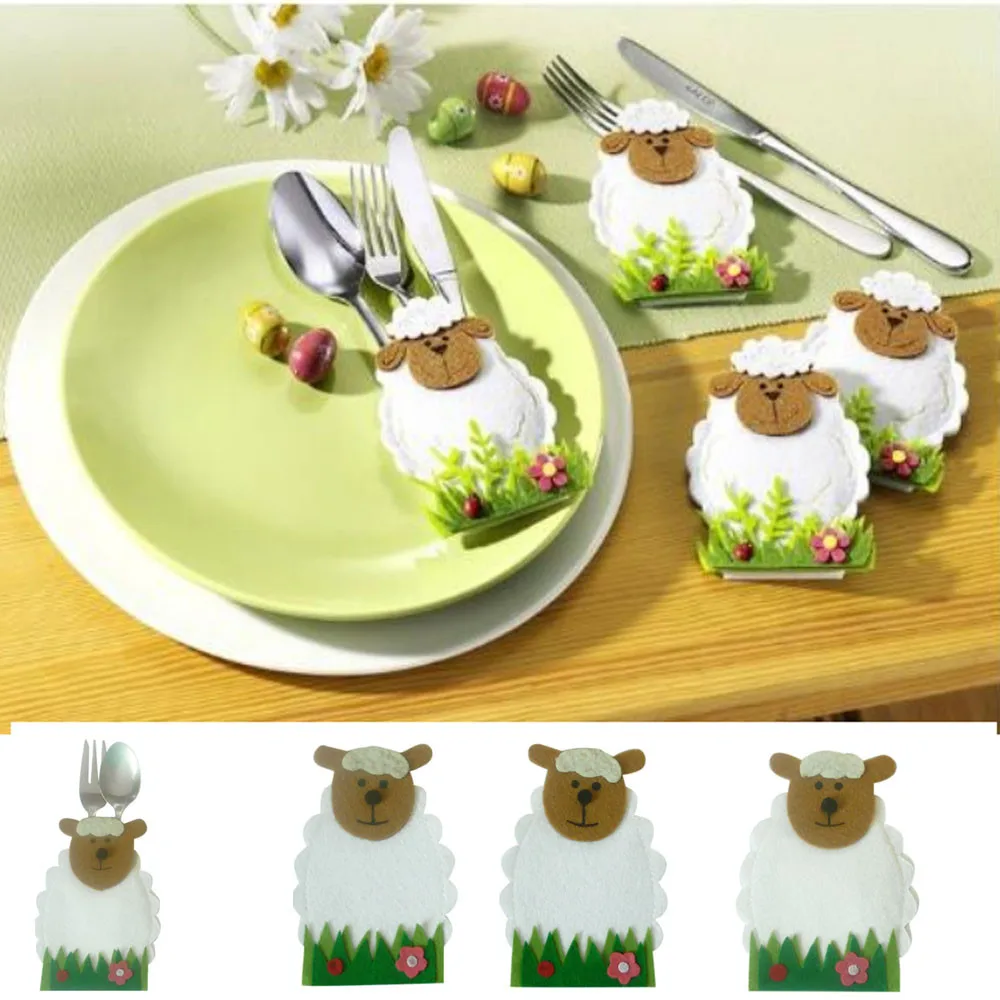 

4pc Easter sheep Decoration tableware Case Holders Pockets Dinner Decor Decorations Party DIY Ornament