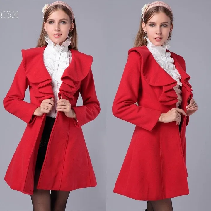 Женский шерстяной тренчкот Элегантный Приталенный длинный с оборками на