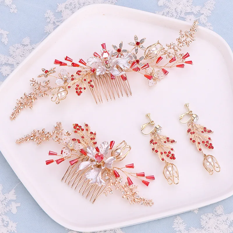 Bridal Tiara Red Crystal Flower Leaves Golden Hair Comb Elegant Temperament White Flowers Hair Comb Wedding Accessories Headclip