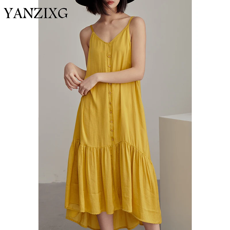 

2019 Spring Summer New Style V-collar Spaghetti Strp Solid Patchwork Single Breasted Casual Long Dress Women R282