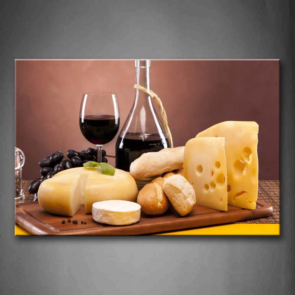 

Framed Wall Art Pictures Cheese Bread Wine Canvas Print Food Modern Posters With Wooden Frame For Home Living Room Decor