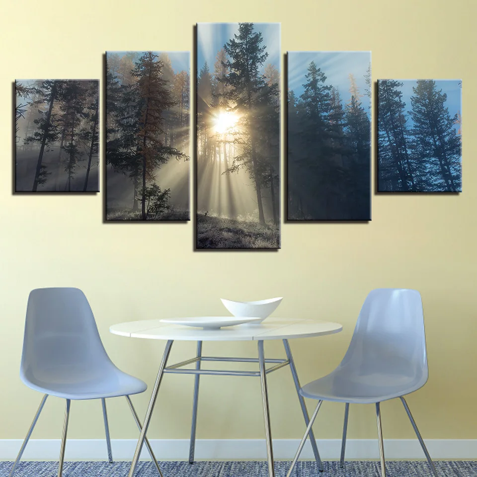 

Colomac Five Pieces Wall Decor Picture Abstract Art HD Prints Creative Mist Forest Decorative Painting Home Bedroom Room