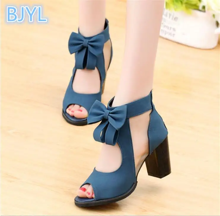 

BJYL 2018 summer new mesh shoes fish mouth shoes female with single shoes bow Roman thick with high heel sandals