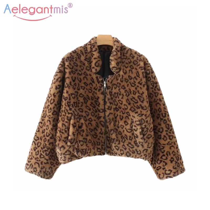 Aelegantmis модное леопардовое Женское пальто с искусственным мехом, пушистое пальто на молнии, меховая куртка-бомбер, повседневное свободное короткое пальто с карманами и длинным рукавом