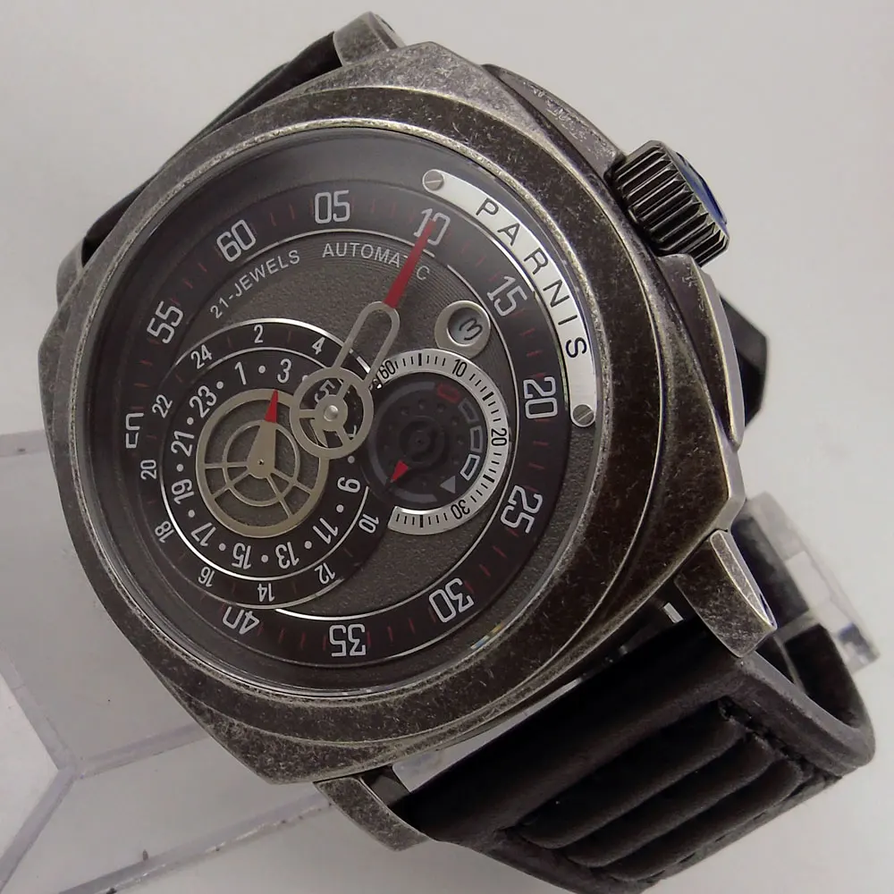 

44mm Parnis Black Dial Brushed Stainless steel Case Leather strap 21 Jewels Miyota Automatic Movement Men's Watch