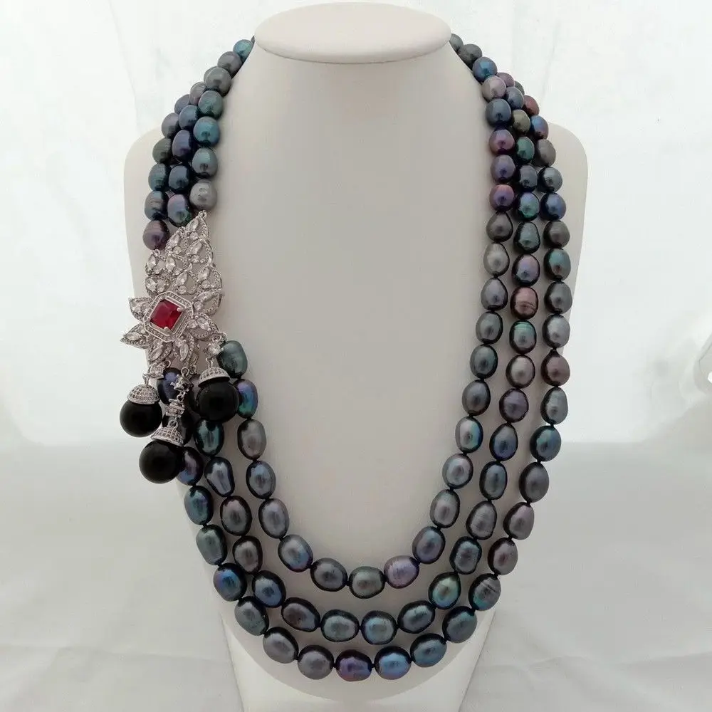 

Women's 22" 3 Strands Black Rice Pearl Necklace Sea Shell Pearl CZ Pendant