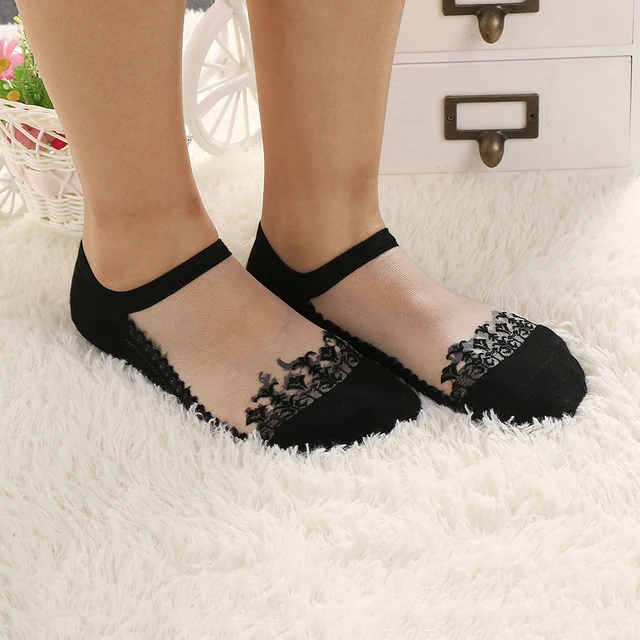 1Pair Women Lace Ruffle Ankle Sock Soft Comfy Sheer Silk Cotton Elastic Mesh Knit Frill Trim Transparent Women's Autumn socks 1