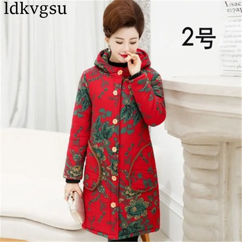 6XL для женщин среднего возраста зимняя хлопковая куртка с принтом плюс бархатная теплая верхняя одежда для бабушек Плюс Размер Свободное пальто с капюшоном V129 - Цвет: 2