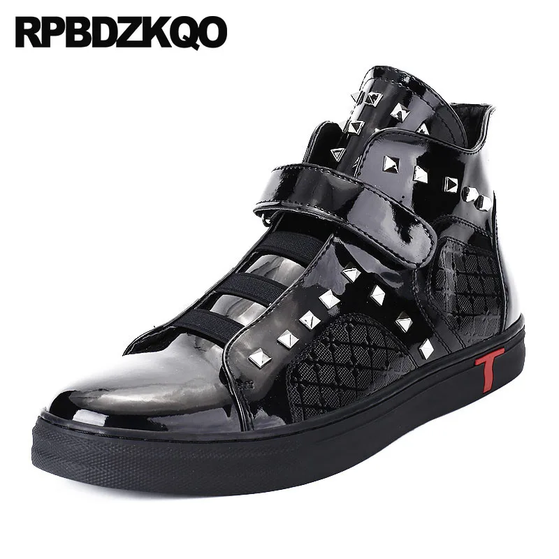 

black runway booties designer shoes men high quality silver punk rock rivet autumn patent leather fall boots short stud 2018