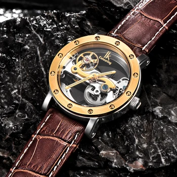 

IK colouring Gold Hollow Automatic Mechanical Watches Men Luxury Brand Leather Strap Casual Vintage Skeleton Watch Clock relogio