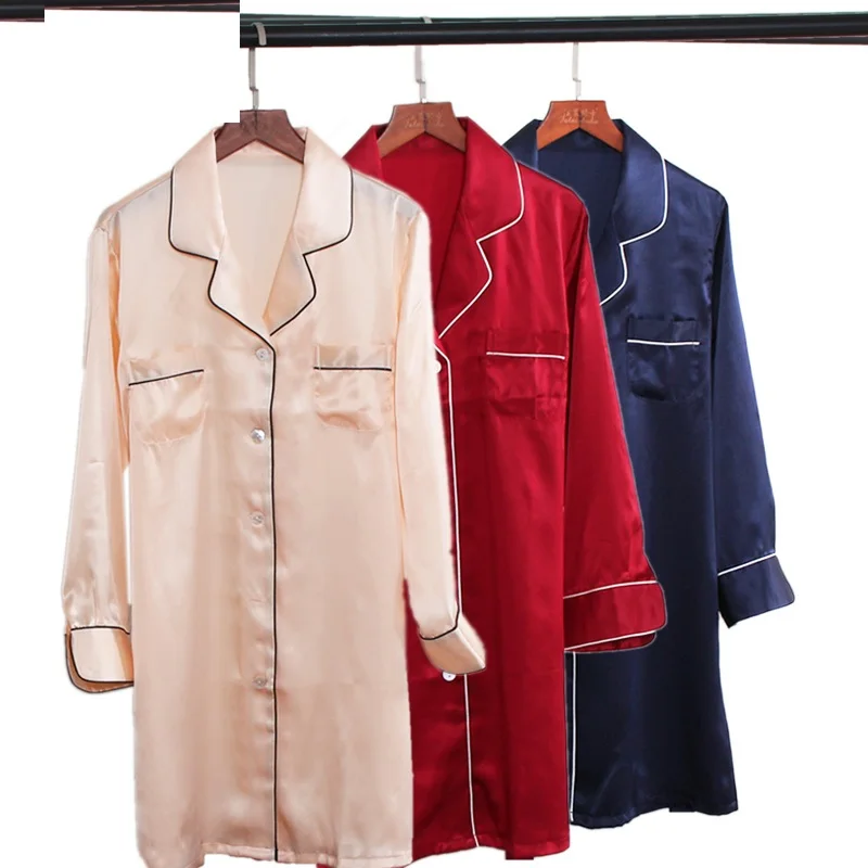 

Womens Summer 100% silk Stain Red Sleepgown Sleepwear Solid Red Homewear Full Sleeve Silk Night Dress Sleeping Night Wear Pink