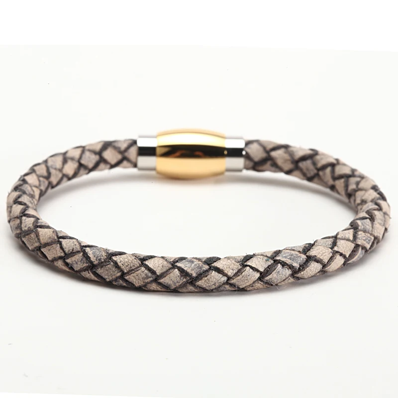 Mcllroy leather bangles titanium stainless steel button bracelet woven leather jewellery gift jewelry couple sieraden wholesale