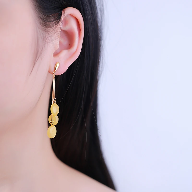 

JIUDUO Stylish and Delicate Arc Type Natural Amber 925 Sterling Silver Drop Earrings for Women