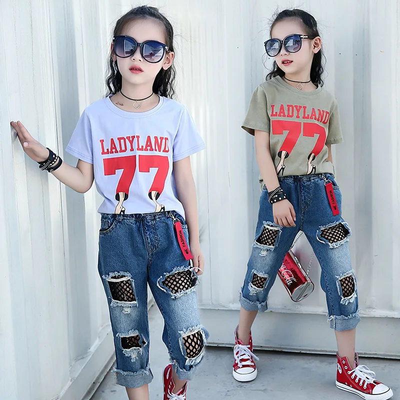 2017 г. Летний комплект одежды для девочек детская хлопковая Футболка и ковбойские