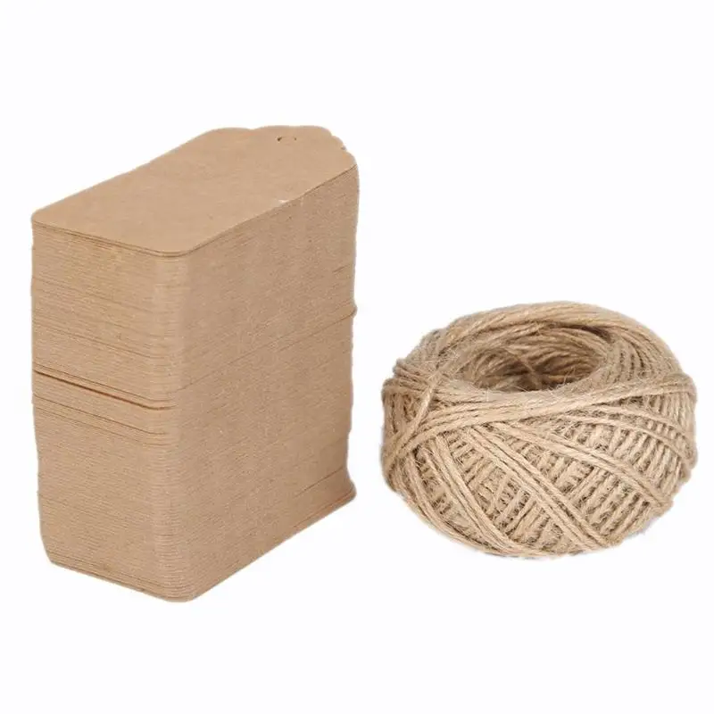 100pcs Kraft Paper Label Hang Tag Wedding Brown Rectangle Craft w/50m Rope Packaging Label Festival and Party Supplies