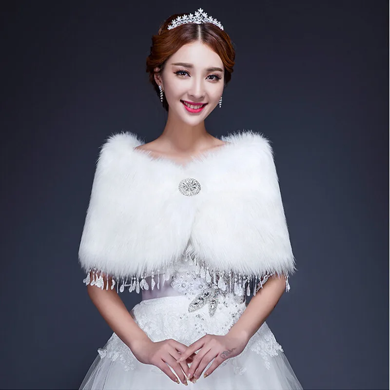 Lace Edge Beige White Faux Fur Wrap Shrug Bolero Coat Bridal Shawl