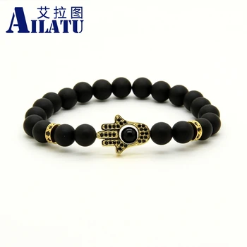 

Ailatu Jewelry Wholesale 8mm Black Matte Onyx Stone with Micro Inlay Black Cz Fatima Hand Hamsa Beaded Bracelets