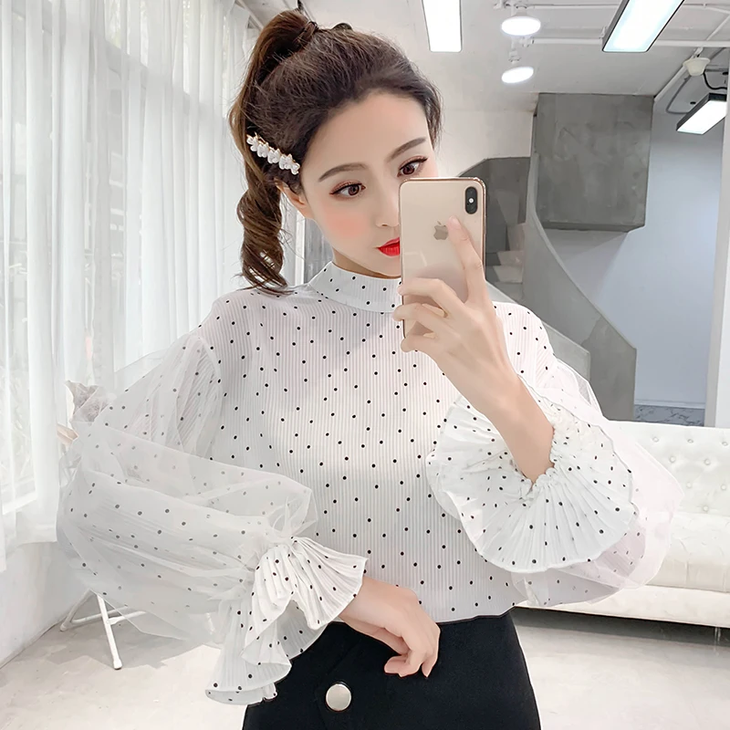 

temperament sweet style Women's Clothing stand Blouses polka dot flare sleeve woman shirts loose chiffon tops fashion new