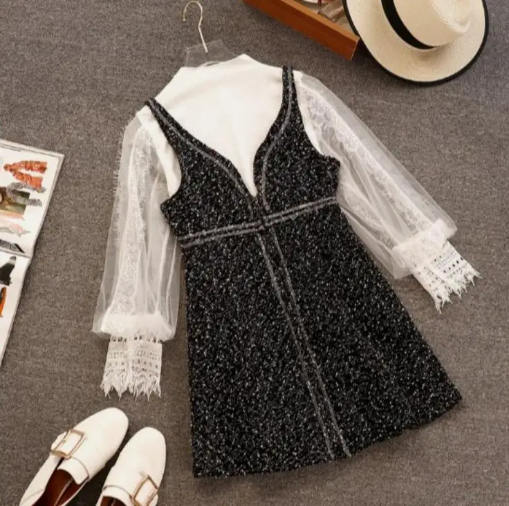 

2018 Spring and Autumn Women's Long Sleeve Lace Gauze Blouse + Sleeveless Tweed Woolen Dress Two Piece Ladies Dress Sets