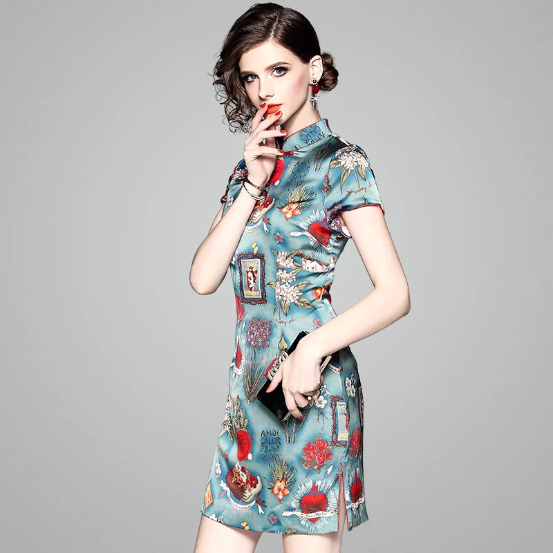 

Summer Slim Cheongsam QipaoTraditional Clothing Vintage Modern Design Green Floral Women Casual Dress Vestidos