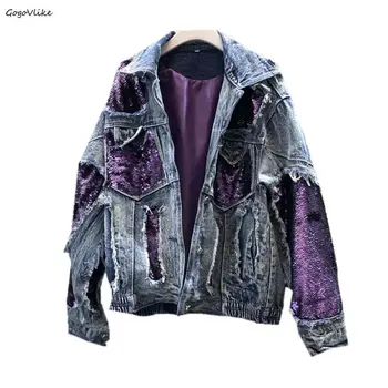 

Harajuku Ripped Denim Jacket Coat Blue Women Vintage Sequined Jeans Jackets 2020 New Luxury Students Basic Coats Outfit LT543S50