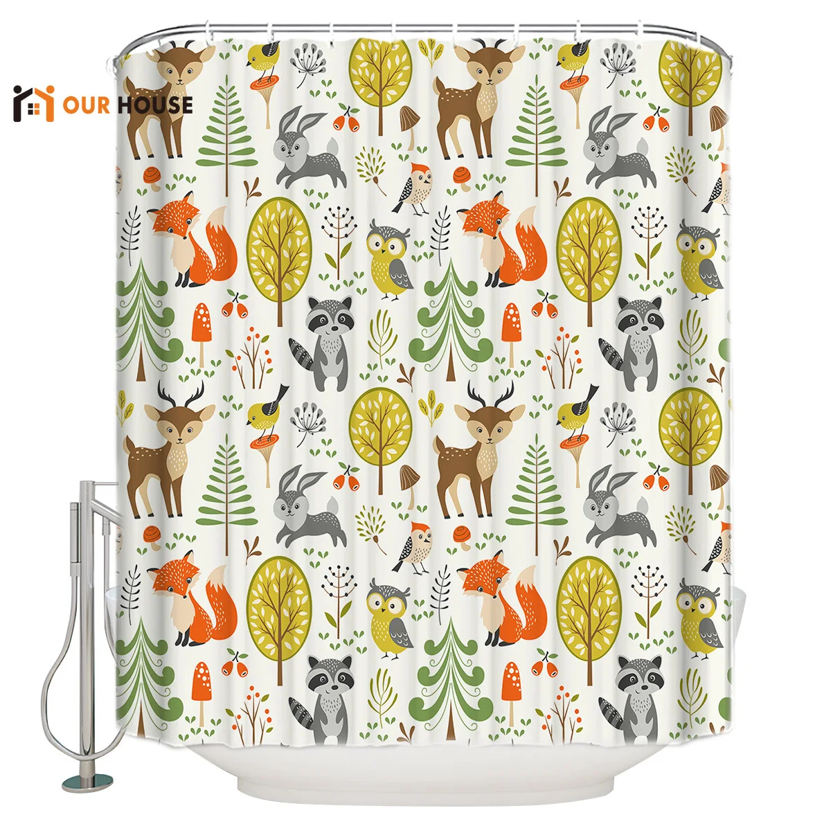 

OURHouse Cartoon Animals World Shower Curtain Bed Bath Fabric Liner Bathroom Childrens Funny Girls Hooks Kids Home Mens Cool