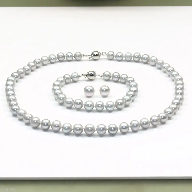 

Natural 8-9mm Gray Freshwater Pearl Necklace Bracelet Earrings Set AAA NATURAL Quartz Crystal Women Wedding free shipping