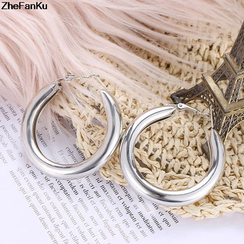 50 MM Big Gold Hoops Earrings Minimalist Thick Tube Round Circle Rings Earrings For Women Zinc Alloy Trendy Hiphop Rock Fashion Jewelry