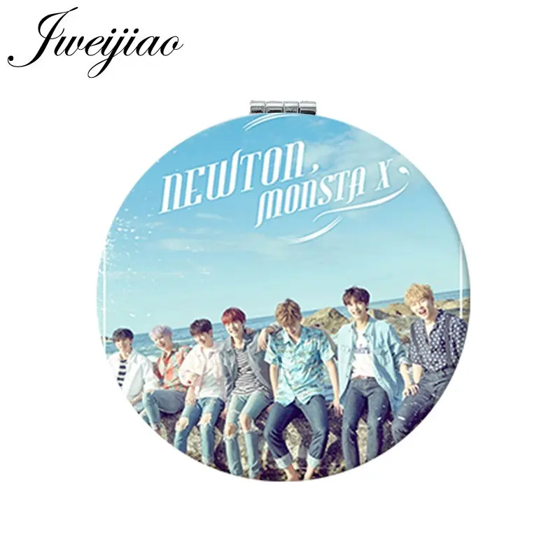 

JWEIJIAO NEWTON MONSTA X KPOP Members Round PU Leather Pocket Mirror Photo Printed Folding 1X/2X Magnifying Makeup mirrors
