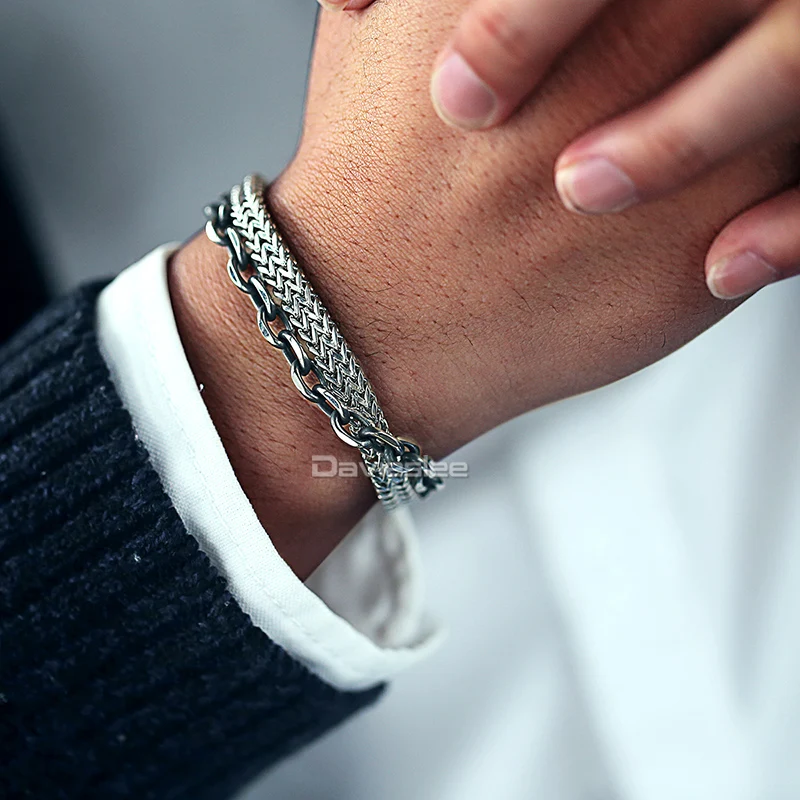 Davieslee New Male Bracelet for Men Foxtail Box Cable Link Chain