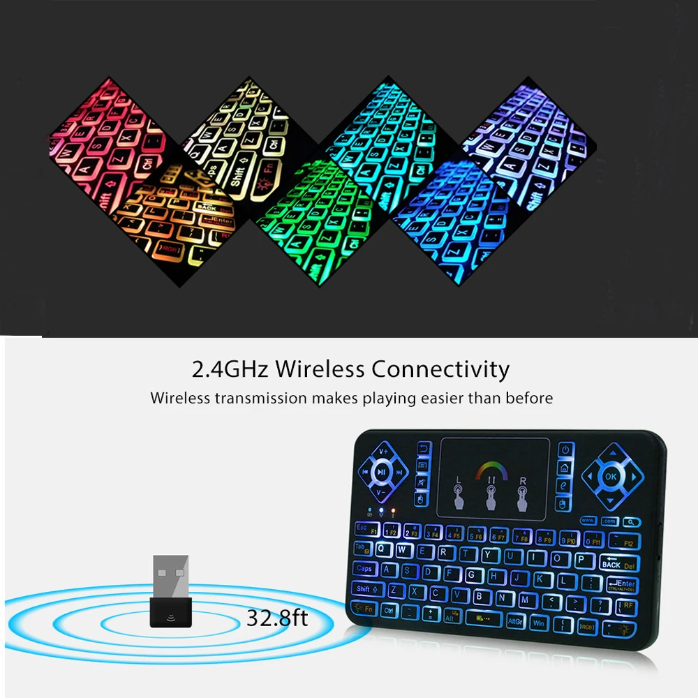 Мини клавиатура с Цветной подсветкой 2 4 ГГц беспроводная QWERTY функция Air Mouse умный