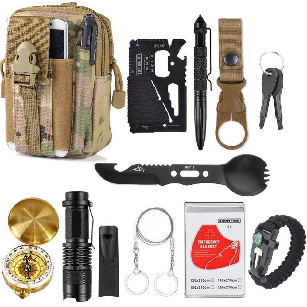 

Outdoor Survival Camping Survival Gear EDC Kit Tools Travel Garget With Multifunctional Wristband Paracord Pen Card Spoon Fork