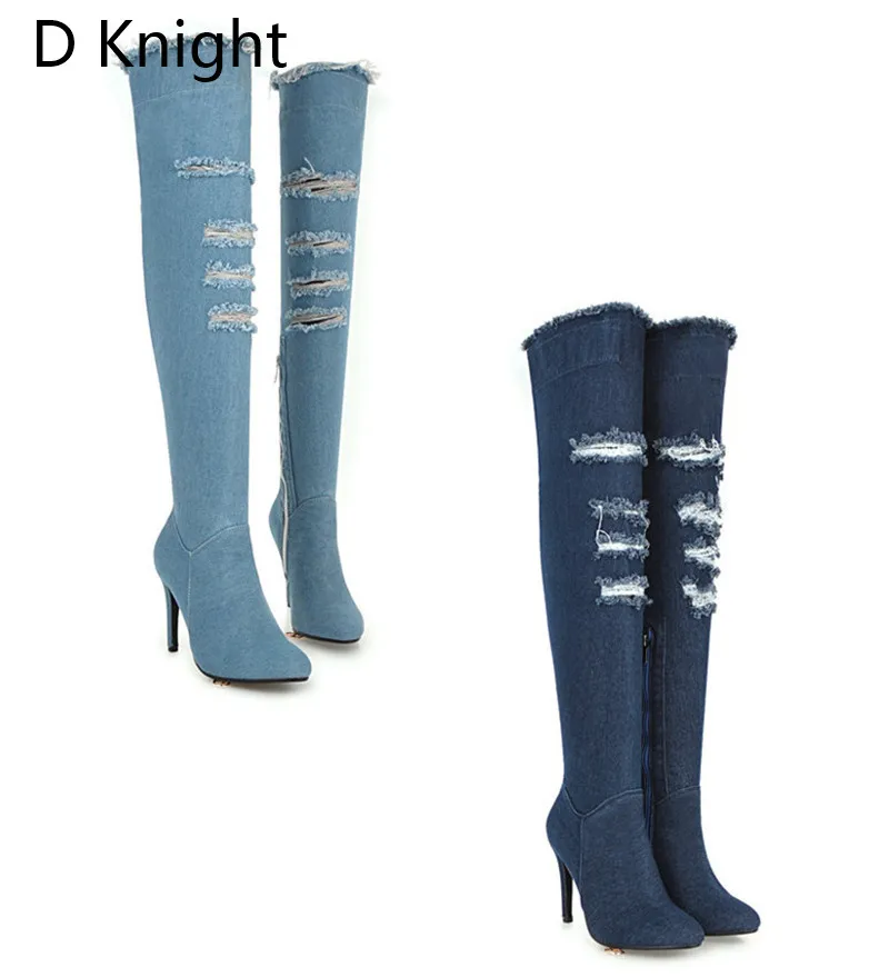 2018 Winter Boots Sexy Ponited Toe Women's Over The Knee Boots Fashion Denim Blue thigh High Boots Large Size 48 High Heels Boot (1)