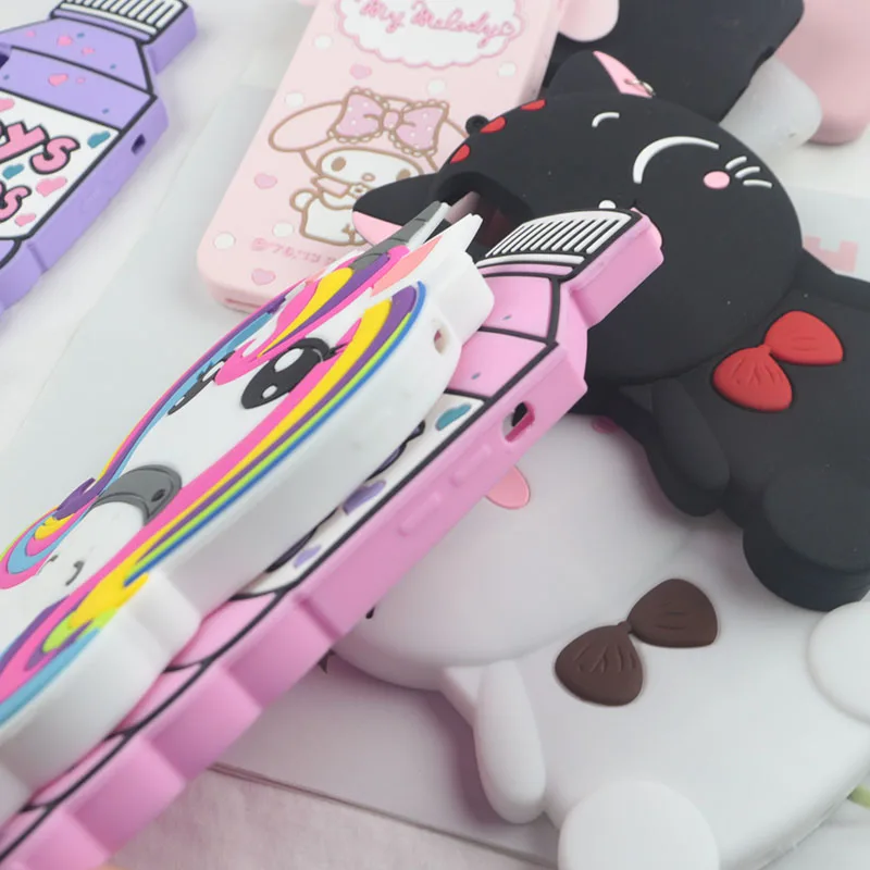 for iPhone 7 8 Plus X XS Max XR 9 4 4S 5 5S 6 6S Case 3D Cute Cartoon Soft Silicone Cover Lovely Cat Bottle Stitch Unicorn
