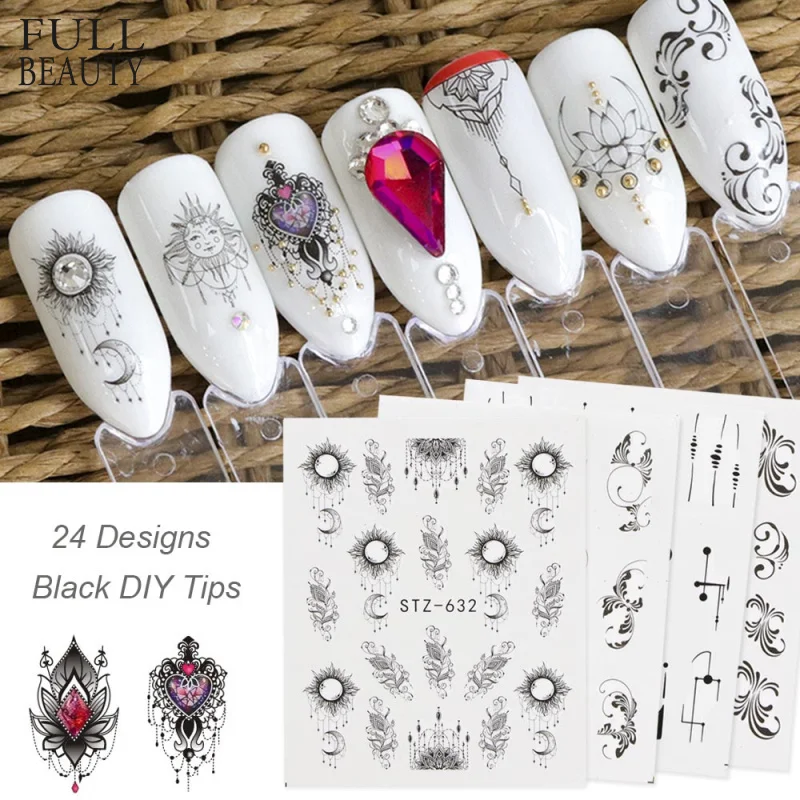 

Full Beauty Mixed 24pcs Water Decals Nail Sticker Black Simple Image for DIY Nail Art Decorations Manicure Decor Tool CHSTZ24