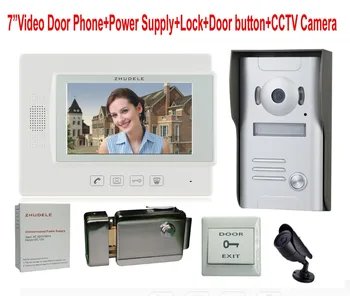 

ZHUDELE 7 Inch Video Door Phone Touch button Doorbell Intercom System IR HD Camera+Power Supply+Lock+Open button+CCTV Camera