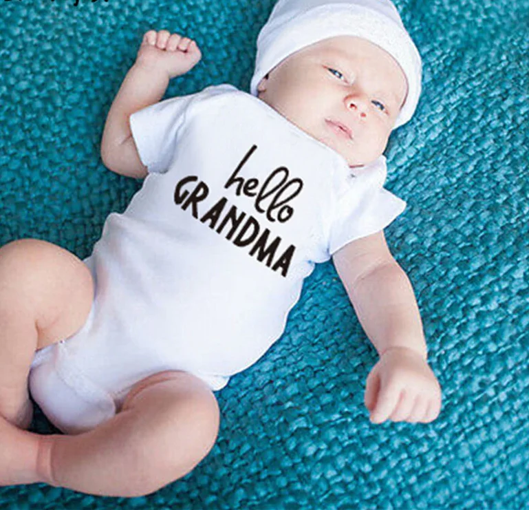 Mamelucos blancos para bebés, ropa de algodón para niñas y niños, mameluco de manga corta, Mono para bebés recién nacidos, ropa para bebés con estampado de HELLO GRANDMA